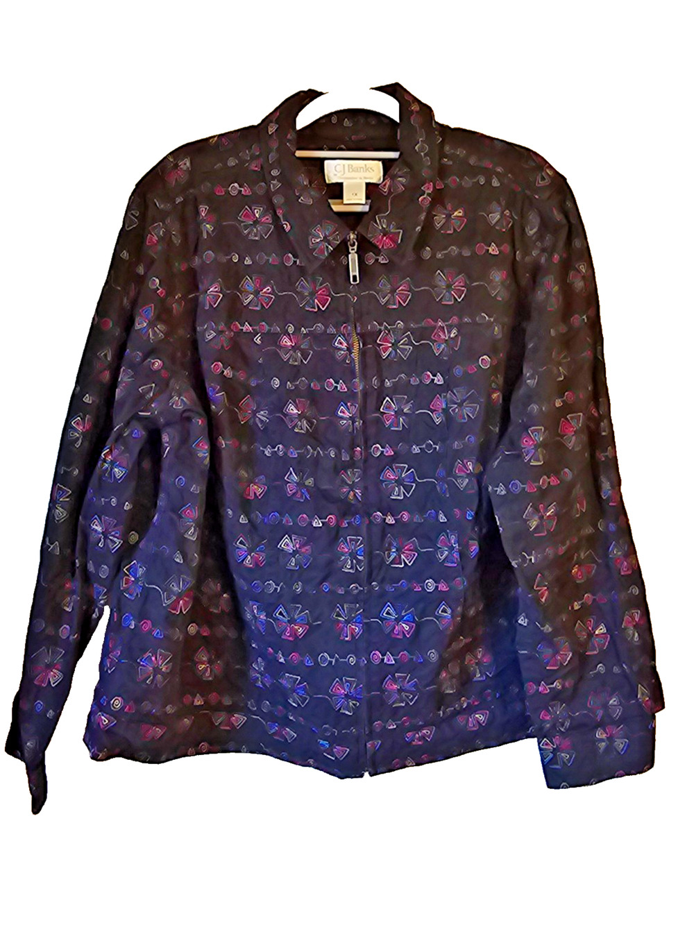 CJ Banks Artsy Geometric Embroidered Zip Jacket Black Multicolor Cotton 1X